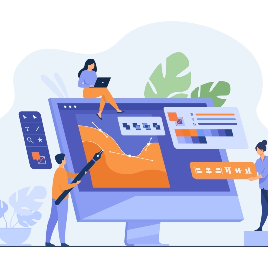 Digital designers team drawing with pen on computer monitor. Man and women working with graphic editor. Vector illustration for creative job or teamwork concept